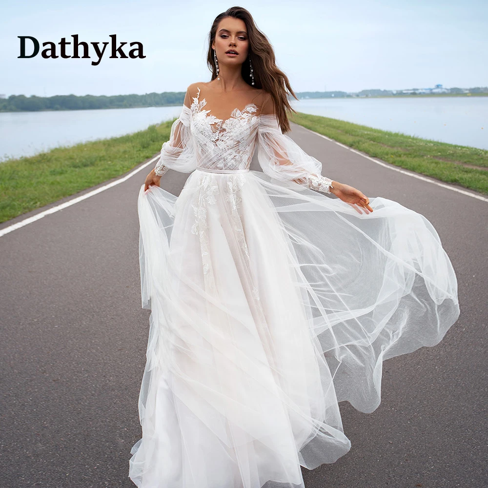 

Dathyka Classic Lantern sleeves Wedding Dress For Women 2023 Scoop Appliques A-LINE Wedding Gowns Vestidos De Novia Brautmode