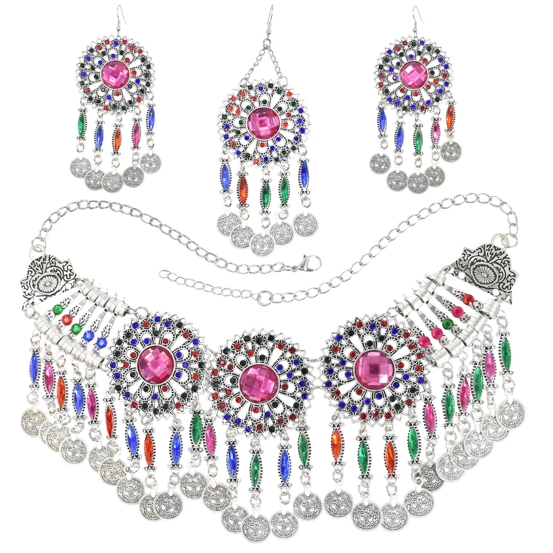 

Afghan Vintage Colorful Crystal Coin Earrings Necklace for Women Turkish Gypsy Traditional Tribal Dress Headpiece Jewelry Sets