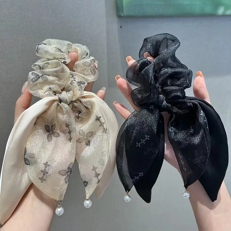 

Elegant Bow Ribbon Scrunchies Women Sweet Mesh Pearl Pendant Hair Band Super Fairy Petal Print Hair Tie Korean Hair Accessories
