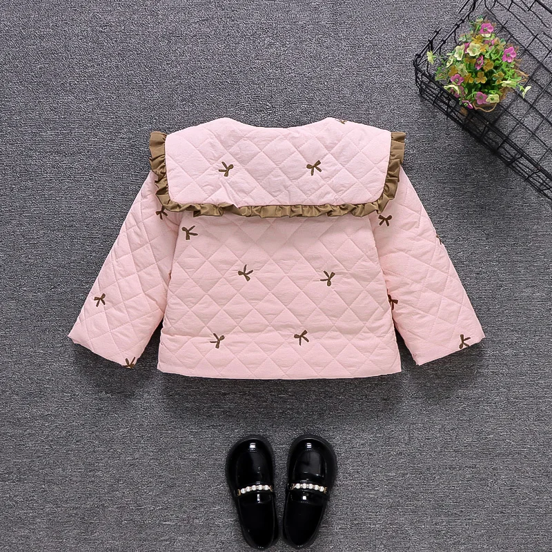 Милое Хлопковое Зимнее Пальто Для Девочек С Большим Воротником Кружевным Бантом