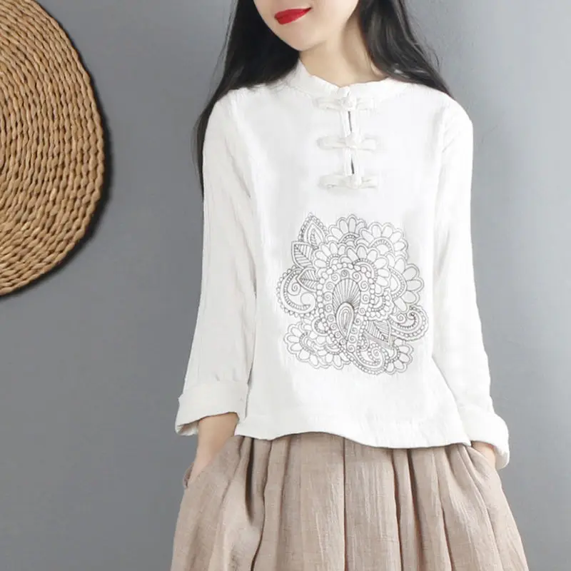 

Aransue National Embroidered Cotton Blouse Women Long Sleeved Shirt Chinese Style Retro Buckle Top