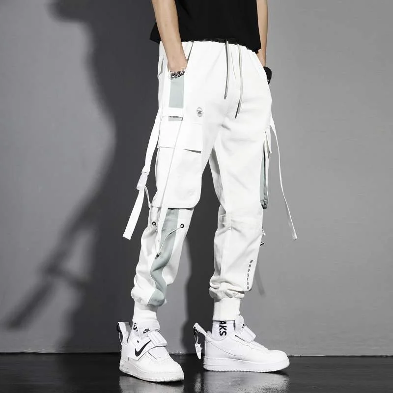 

Men Cargo Pants Black Ribbons Harem Joggers Casual Cotton Streetwear Hip Hop Pockets Track Pants Harajuku Tide Fashion Trousers