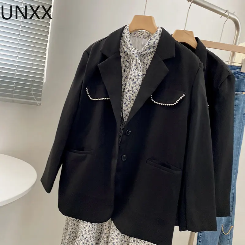 

UNXX Black Casual Suit Jacket Women Autumn Loose Fried Street Pearl Blazer Long Sleeve Office Lady Vintage Suit Coat Streetwear
