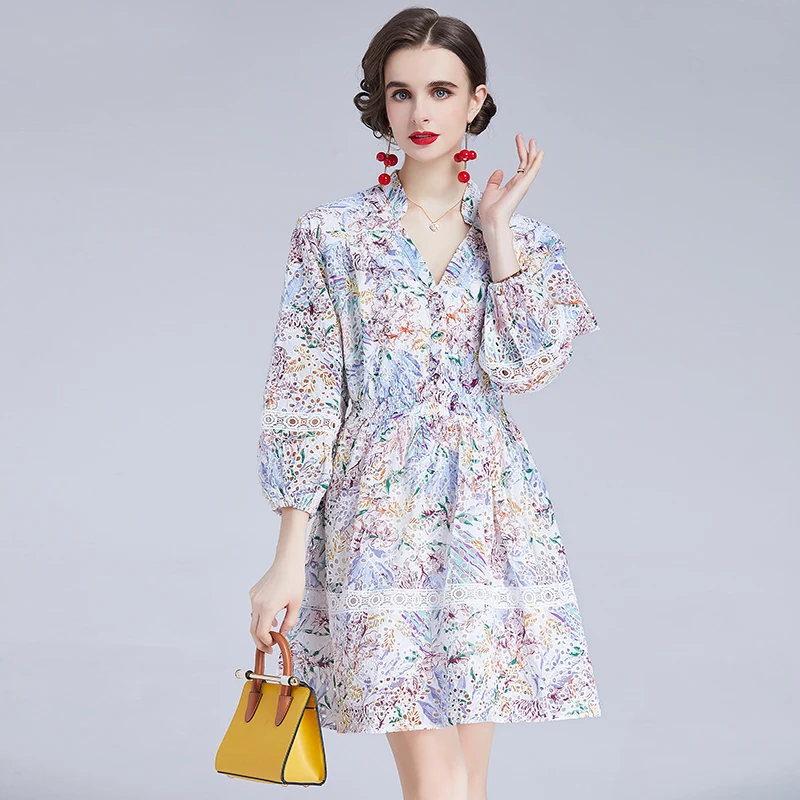 

Women Springr Designer Elegant V-Neck Hollow Out Lace Cocktail Party Robe Female Vinatge Luxury Embroidery Dresses Vestidos