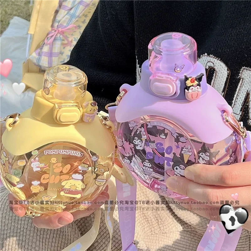 

Sanrio Straw Water Bottle Cartoon Round Back Anime My Melody Kuromi Pompompurin Pochacco Toys Water Cup For Girls Gift