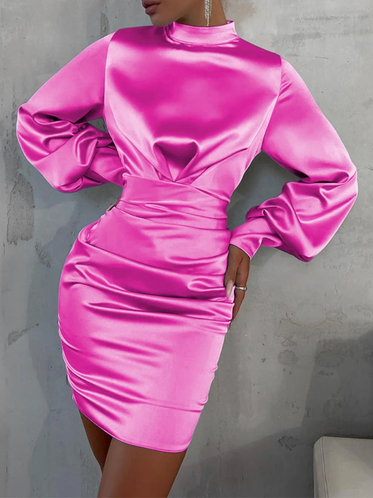 

Elegant Shiny Backless Dress for Women Mock Neck Long Sleeve V Back Shirring Mini Slim Fit Party Club Prom Occation Wear