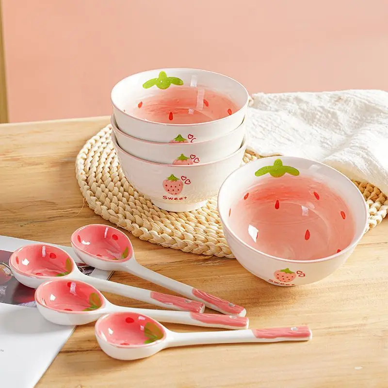 

Strawberry Rice Bowl Household Set High Beauty Girl Heart Salad Bowl Ceramic Spoon Dessert Bowl Spoon Combination Tableware