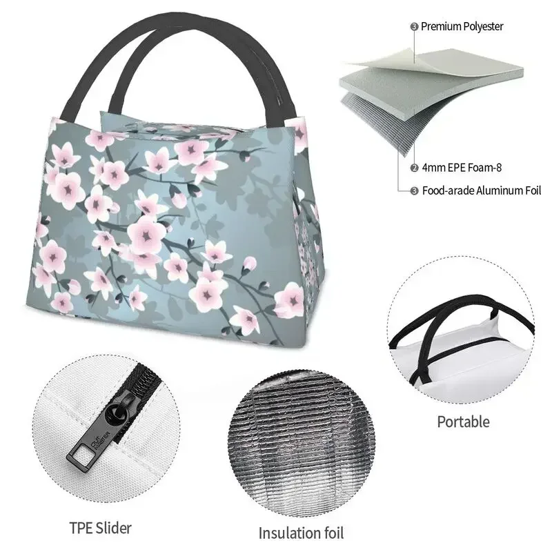 Dusky розовая изолированная сумка-тоут для ланча с цветами сакуры вишни женщин
