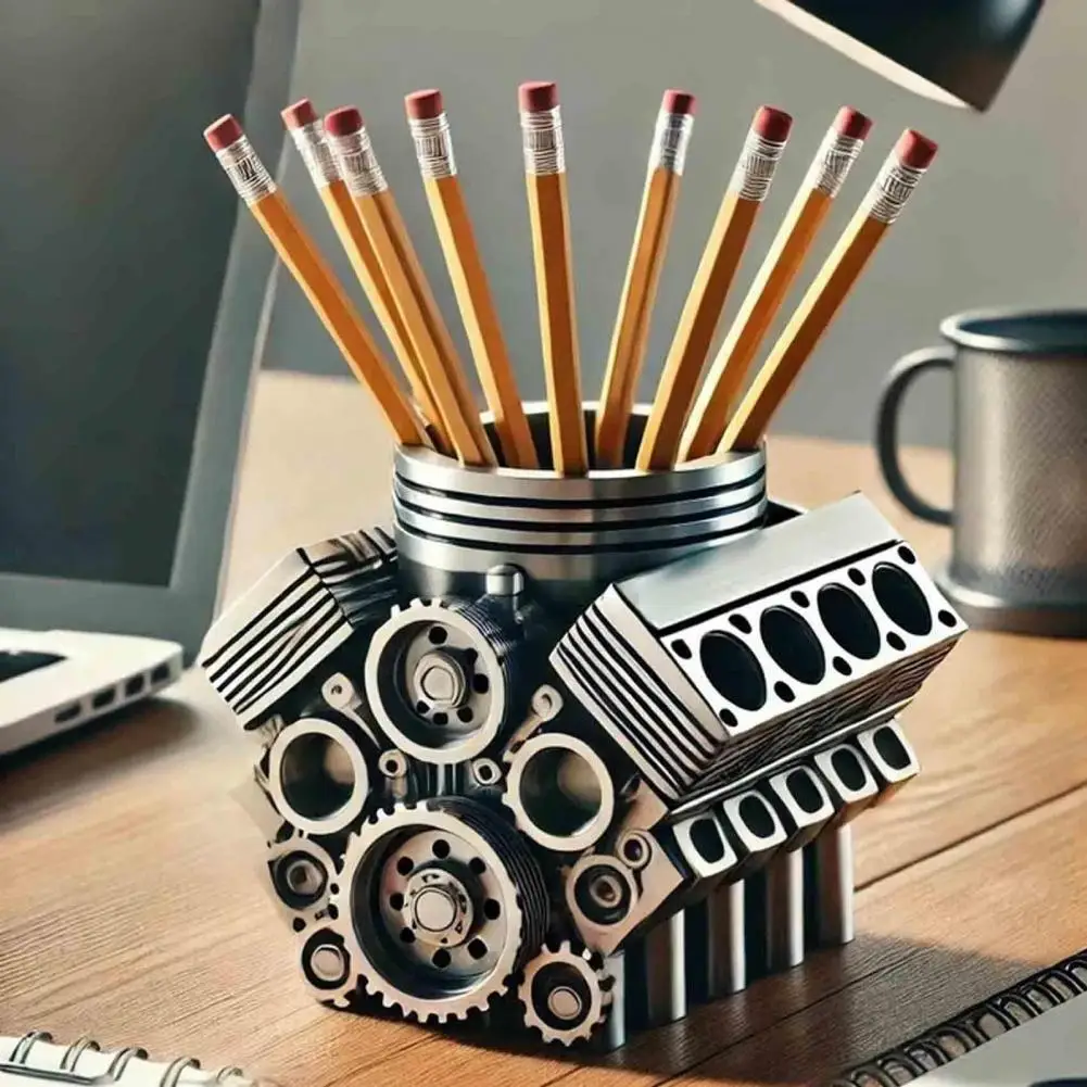 Фото Держатель для ручек из смолы V8, держатель для ручек с двигателем автомобиля, уникальный органайзер для канцелярских принадлежностей для домашнего офиса, украшение для рабочего стола с автоматическим двигателем №1