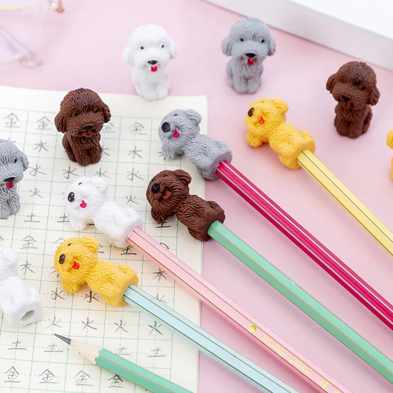 2 Pcs Korean Stationery Primary Students Three Dimensional Animal Removable Rubber Child Cartoon Cute Dog Pencil Cap Erasers