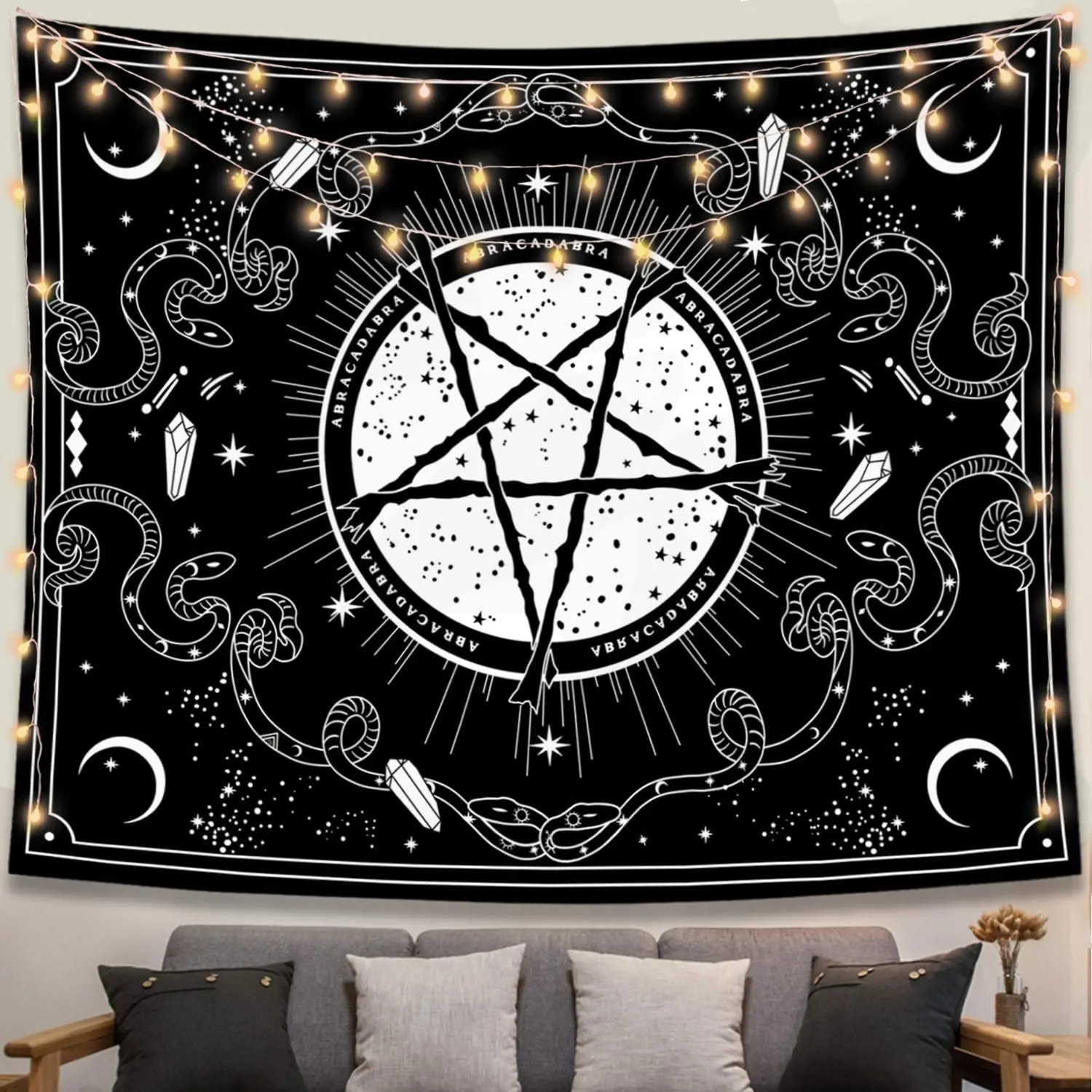 Gothic Witch Blessed Tapestry Wall Hanging，Black And White Pray Wall Tapestry With Moon Star And Snake Stone For Room Decor