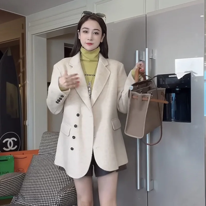 

Alpaca double-sided cashmere coat for women in autumn and winter, Korean style solid color loose fitting suit collar, medium