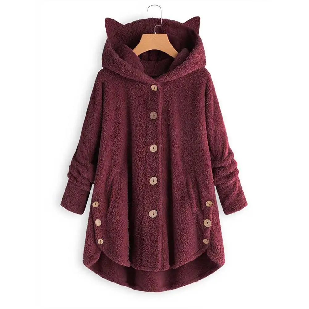 

Solid Color Buttons Loose Long Coat Soft Cute Cat Ears Hooded Outwear Scope of Application Work Parties and Vacations