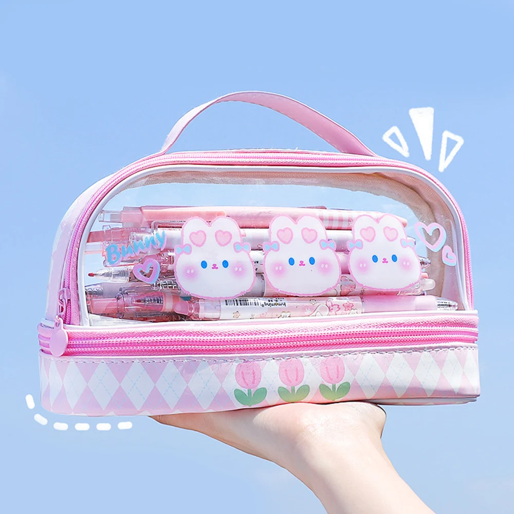 

Lady Clear Makeup Bag Fashion Transparent Travel Portable Mini Wash Storage Bags PVC Zipper Cosmetic Bag Cartoon Pencil Case New