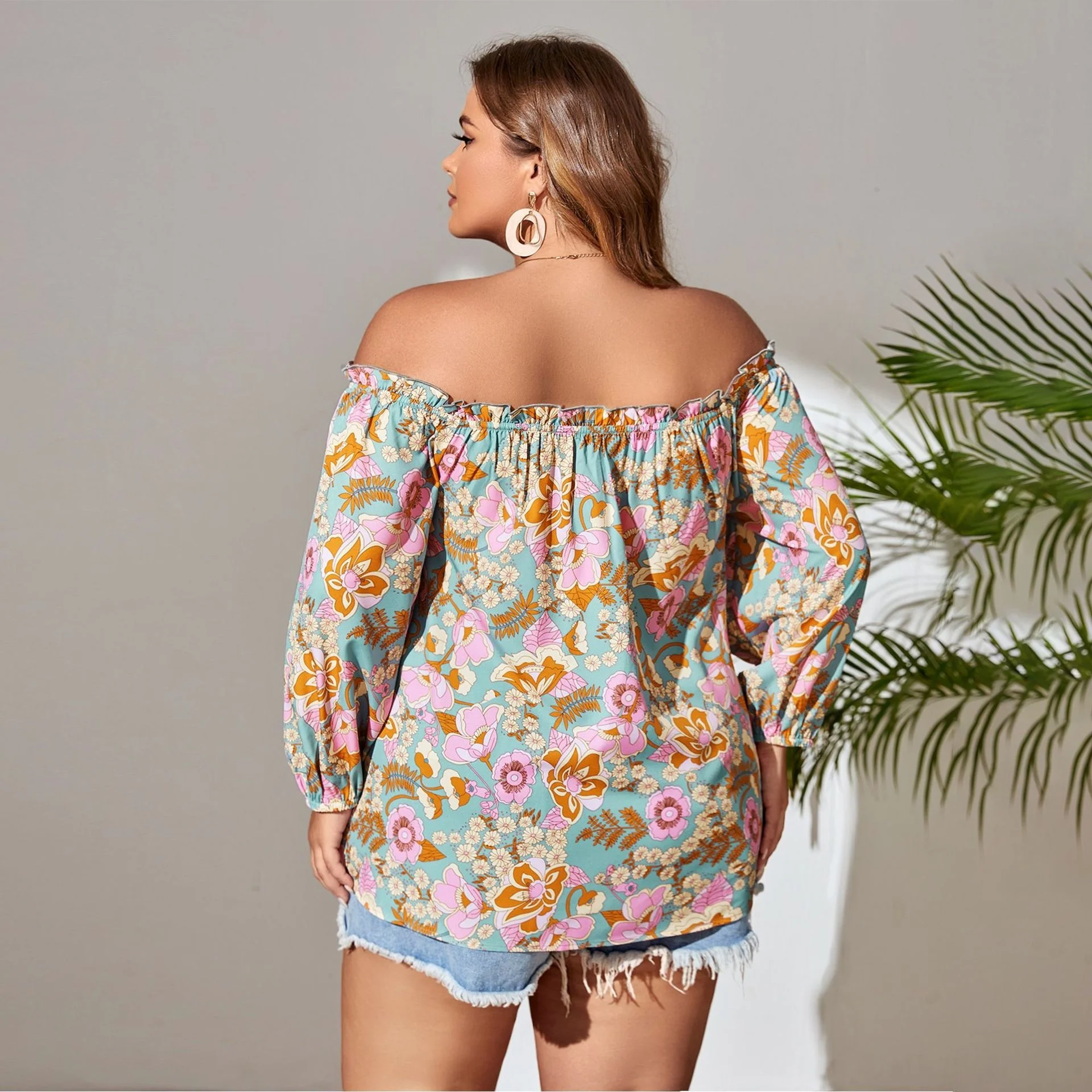 Plus Size Women Clothing Oversized Floral Print Off Shoulder Bubble Sleeve Shirt Top Fashion Woman Blouses Casual Female Clothes