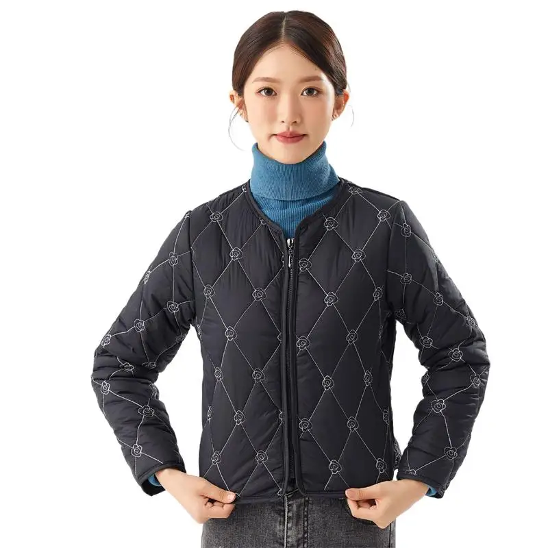 

Women's New O-Neck Autumn Winter Ultra Light Down Coats Hot Selling Collarless Double Sided Embroidery Warm Portable Outwear