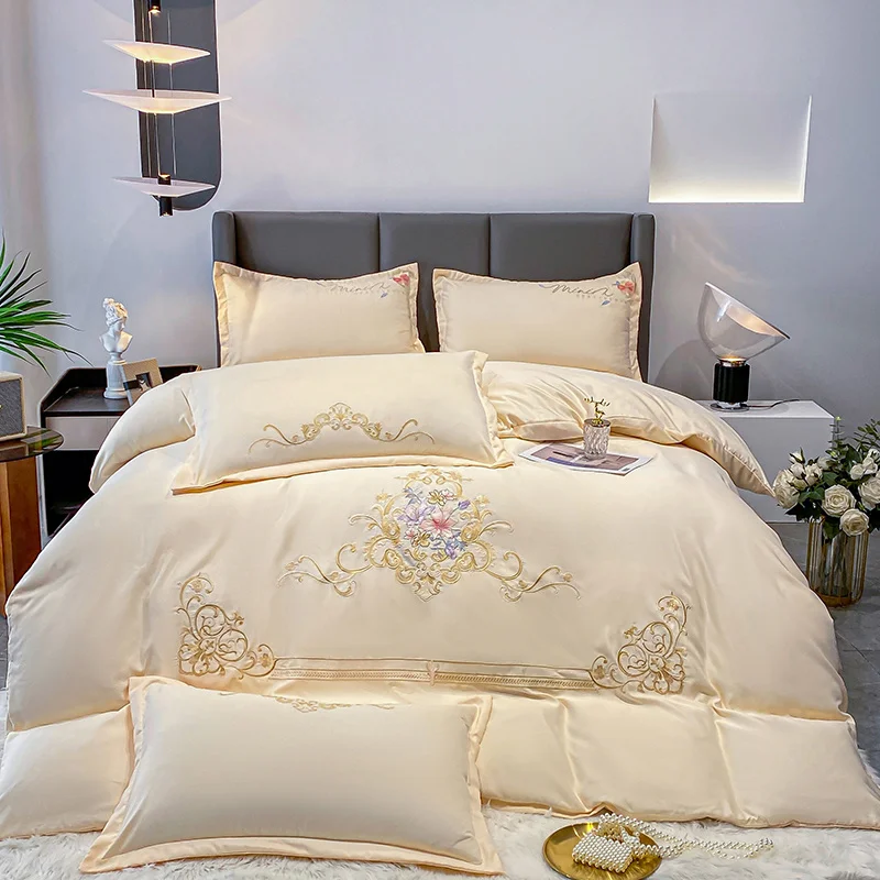 

Luxury Ice Silk Flower Embroidery Bedding Smooth Soft Silky Queen Quilt/Duvet Cover Set Bed Linen Pillow Shams Bedclothes