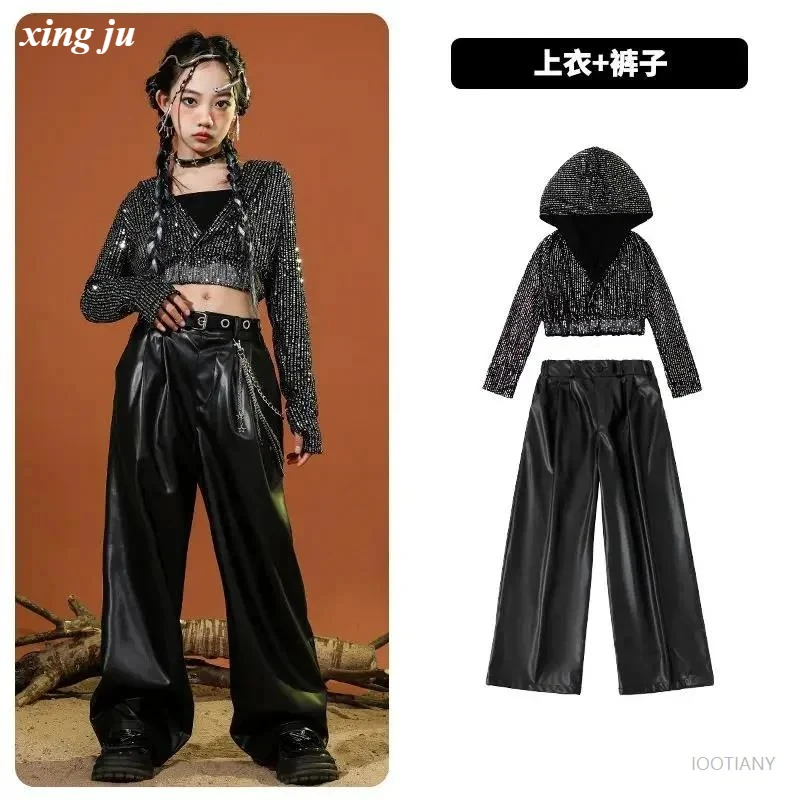 Фото Xing Ju Girl Group куртка с капюшоном и блестками, кожаные брюки, шорты для уличных танцев, комплект одежды для подиума, детский костюм для джазового танца №5
