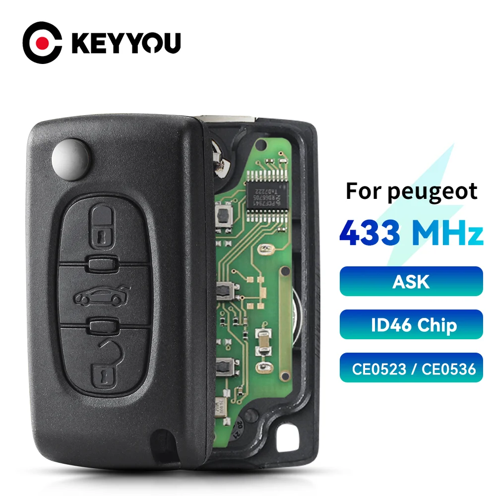 

KEYYOU 433Mhz ID46 ASK FSK Remote Car Key For peugeot 207 307 407 208 308 408 607 Partner Remote Key 3 Buttons CE0523 Ce0536