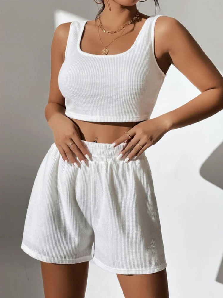 

Rib-knit Crop Tank Top & Shorts Pink Casual Plain Camisole & Track Shorts Two Pieces Set Scoop Neck High Stretch Summer Women
