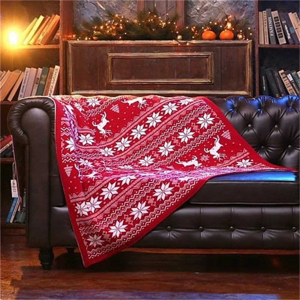 

Трикотажное красное одеяло с принтом лося и снега, удобное одеяло из искусственного кашемира