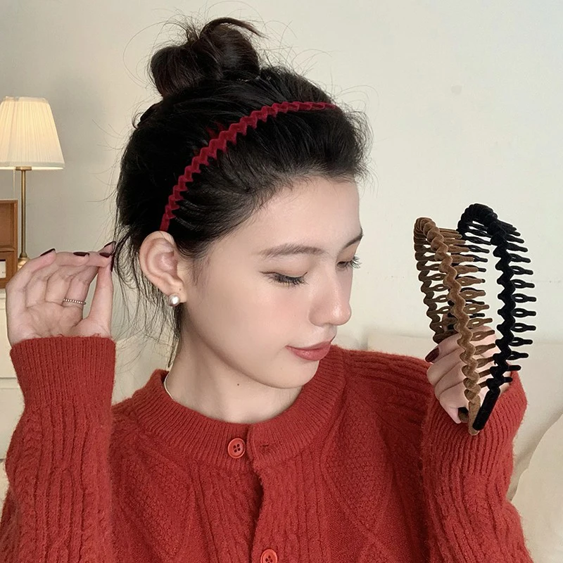 

Solid Color Wave Hairbands Padded Head Hoop Toothed Non-slip Hair Combs Flocking Thin Headband Thick Hair Hoop Fashion Simple
