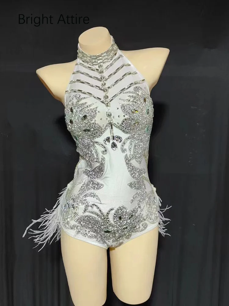 

Sparkly Silver Crystals Mesh Bodysuit Women Feather Leotard Outfit Female Bar Dance Stage Party Dance Costume Celebrate Dress