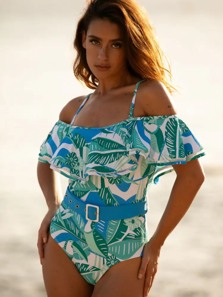 Цельный купальник с открытыми плечами и принтом танкини пляжная одежда