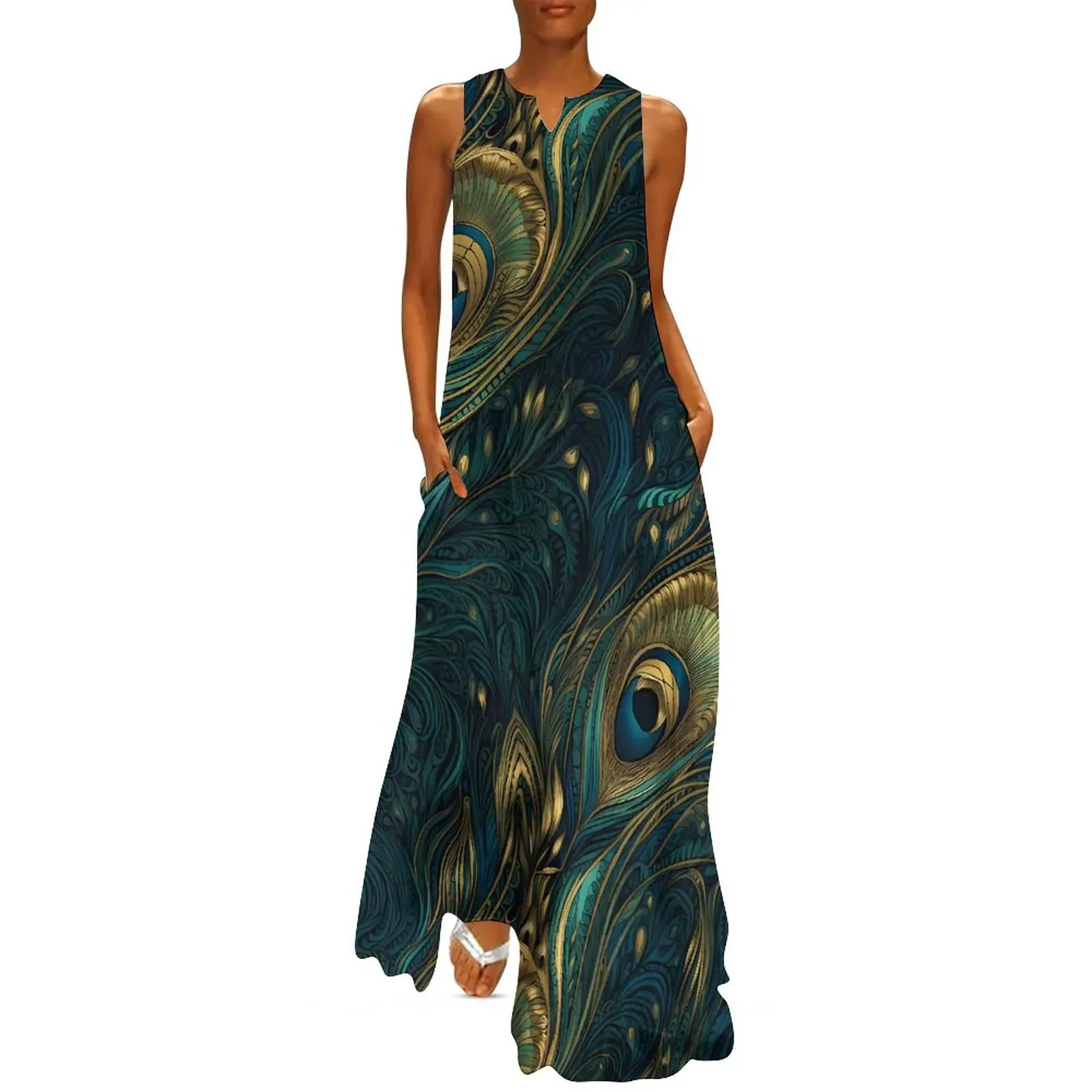 

Peacock Feather Dress Summer Animal Print Aesthetic Casual Long Dresses Women Graphic Trendy Maxi Dress Big Size 4XL 5XL