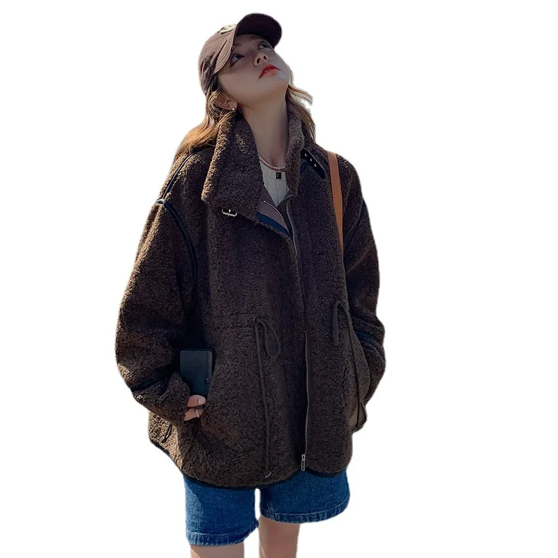 Autumn and winter versatile cardigan cropped imitation lambswool coat