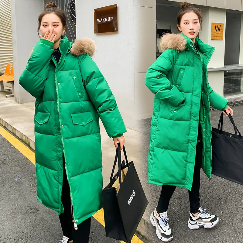 Female Long Parka Korean Fashion Down Cotton Padded Jacket Winter Warmth Coat Jacket Big Fur Collar Grace Plus Size