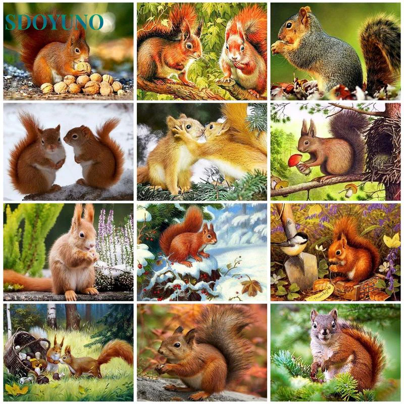 

SDOYUNO Oil Paint By Number For Adult Kit Animal Squirrel Landscape Diy HandPainted Coloring By Numbers For Home Decor Gift