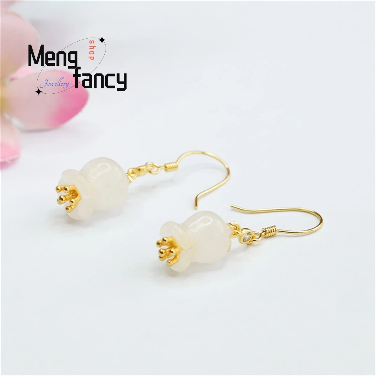 Природный S925 серебро инкрустированный Hetian Белый нефритовый колокольчик серьга в