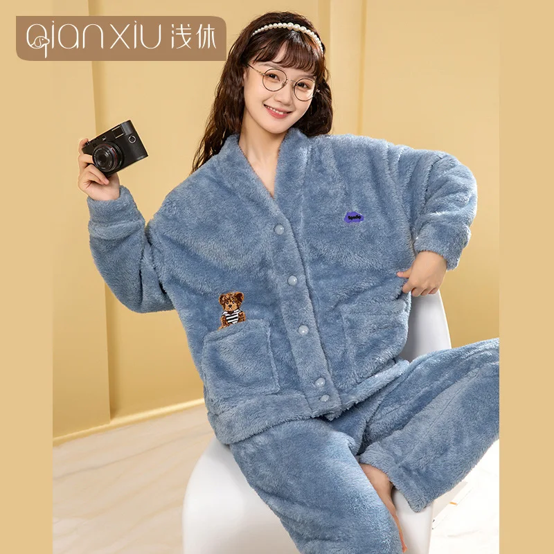 

Women's Flannel Pajamas Winter V-neck Cardigan Kimono Autumn and Winter Ladies' Homewear Fleece Lined Padded Warm Keeping