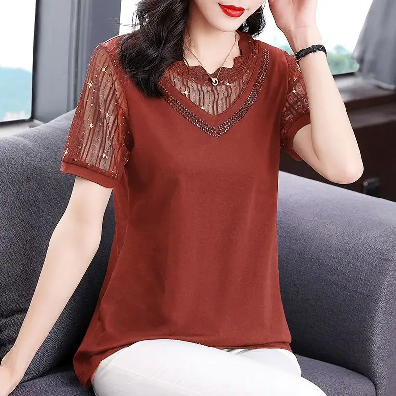 

Рубашка женская с коротким рукавом, стильная блузка из яркого шелка с комбинированным сетчатым блеском, в винтажном стиле, повседневная однотонная шикарная, на лето