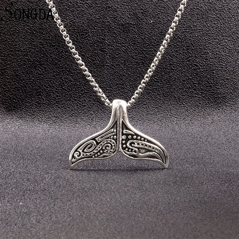 

Mermaid Tail Necklace Pendant Whale Tail Vintage Charm Choker Punk Rock Silver Color Stainless Steel Chains Party Women Jewelry
