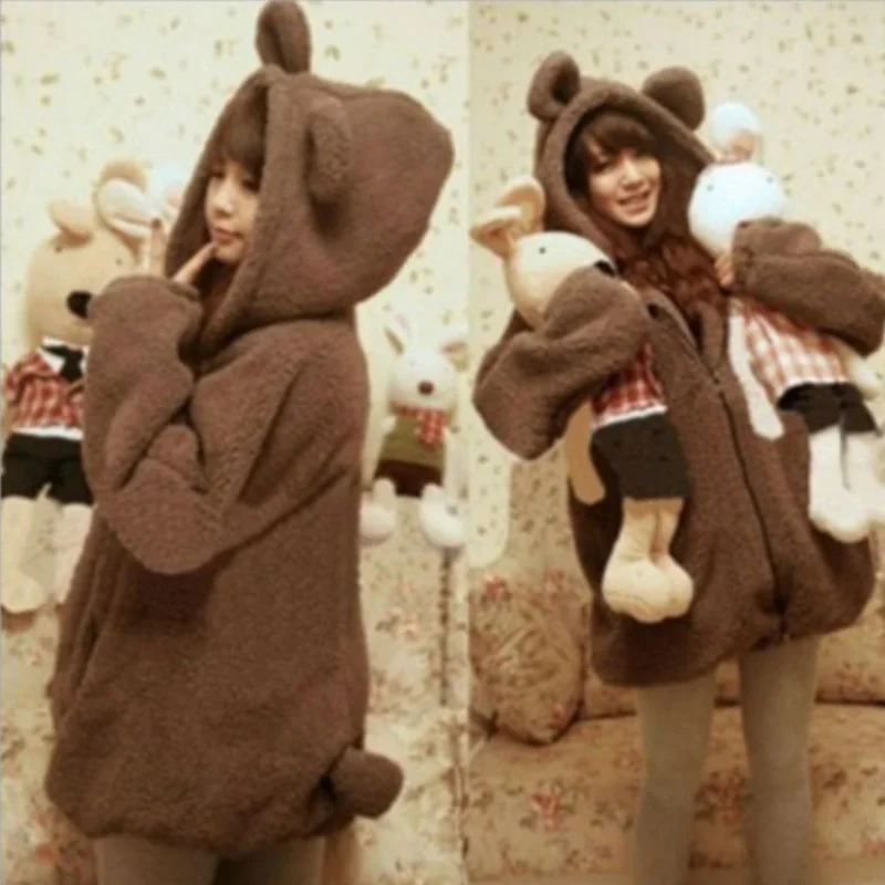 Oversized winter clothes female bear rabbit with ears and tail cartoon plush jacket hooded sweater women zipper hoodie kawaii