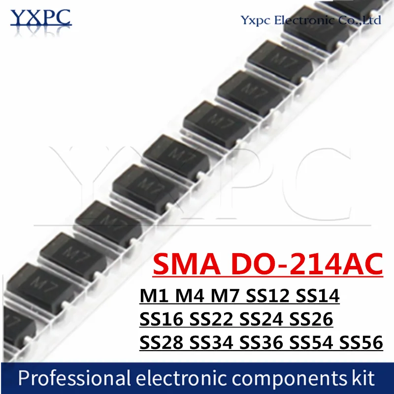 100pcs SMA DO-214AC M1 M4 M7 SS12 SS14 SS16 SS22 SS24 SS26 SS28 SS34 SS36 SS54 SS56 Diodes