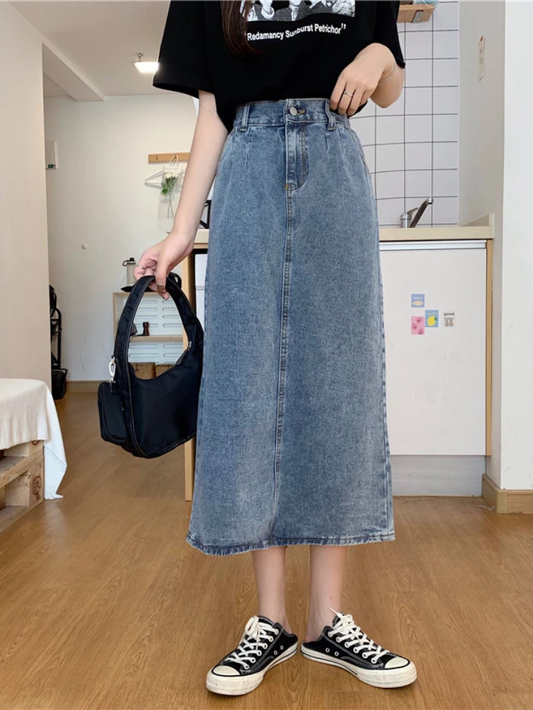 

LY VAREY LIN New Spring Summer A-line Denim Skirts Women Casual Elastic High Waist Fork Jeans Skirts Lady Slim Blue Skirts