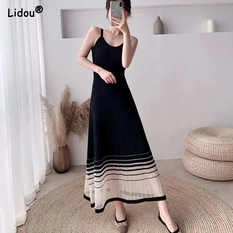 

2022 Spring Summer New Spaghetti Strap Knitting Spliced Mesh Ankle-length Dresses Screw Thread Vintage Summer Women's Clothing