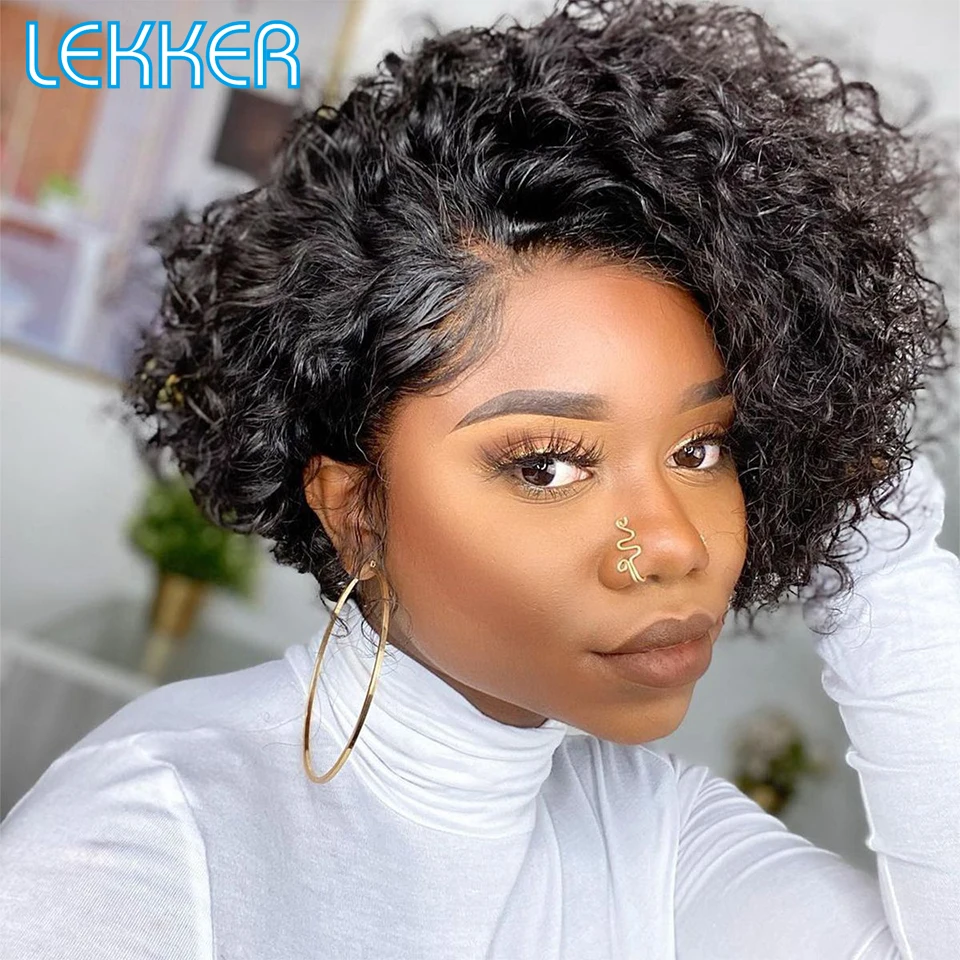Lekker Afro Kinky Curly Bob 13x1 T Lace Front Human Hair Wig For Women Brazilian Remy Hair Side Part 180 Density Transparent Wig