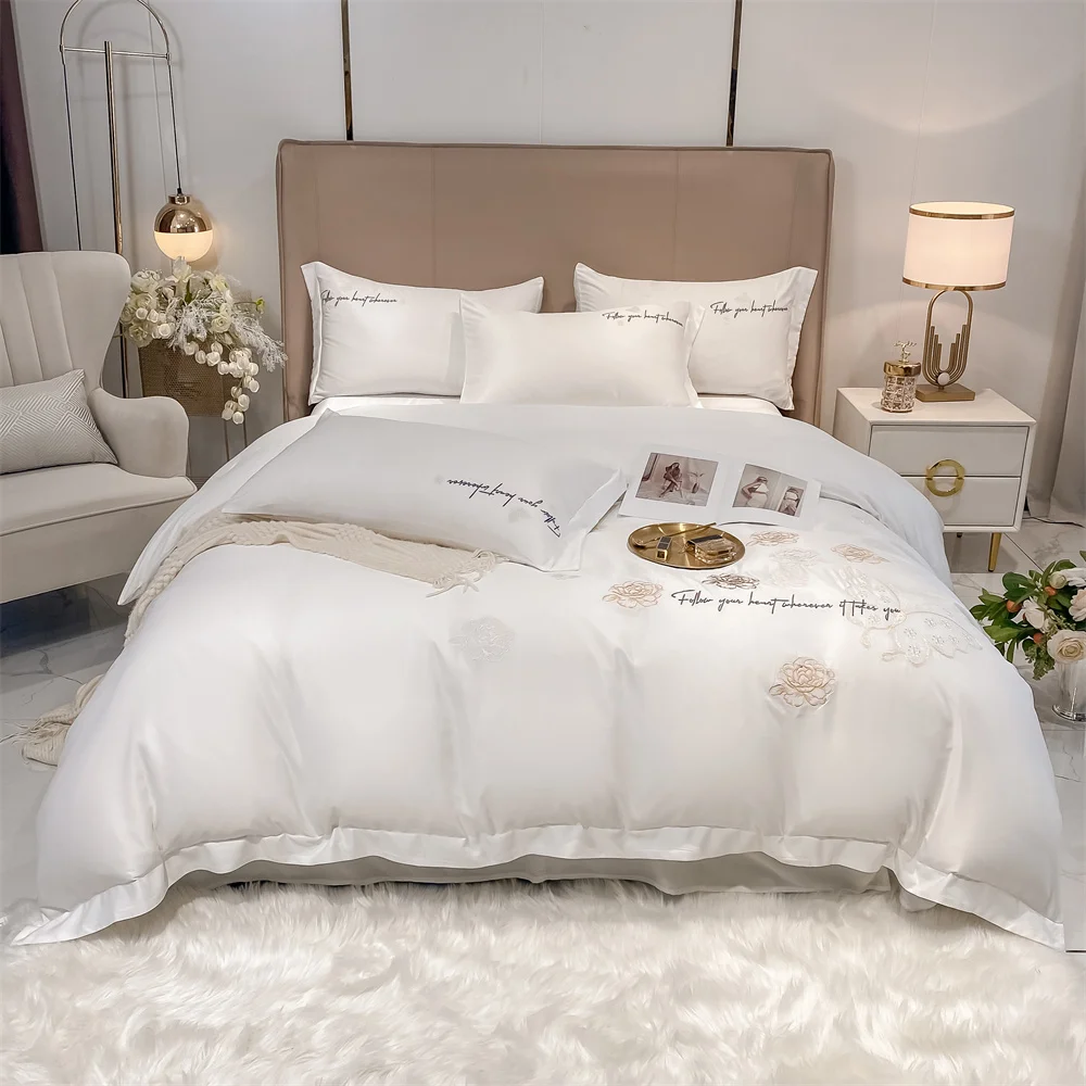 

Однотонный шелковый хлопковый Шелковый мягкий пододеяльник и простыня наволочка семейный королевский комплект постельного белья 4 шт.