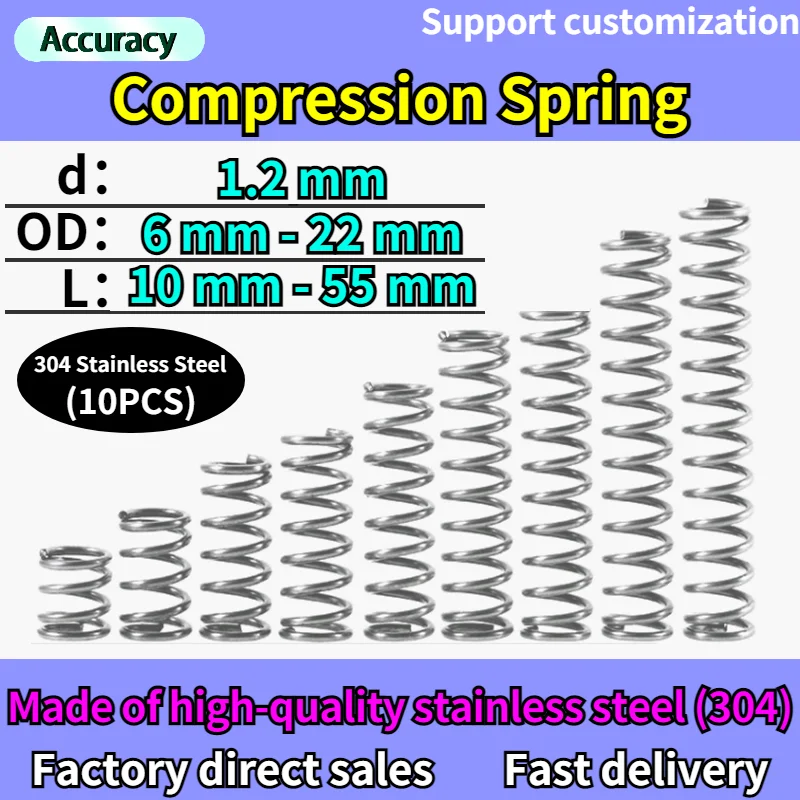 

10 Pcs Wire Diameter 1.2 mm Compressed Spring 304 Stainless Steel Return Springs Spot Goods Spring OD 6mm-22mm Length 10mm-55mm