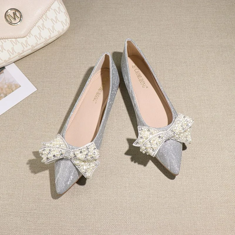 Women Loafers Silver Crystal Flat Shoes Designer Shoes Women Bridal Shoes Bow Flat Heel Wedding Shoes 2023 New Zapatos De Mujer