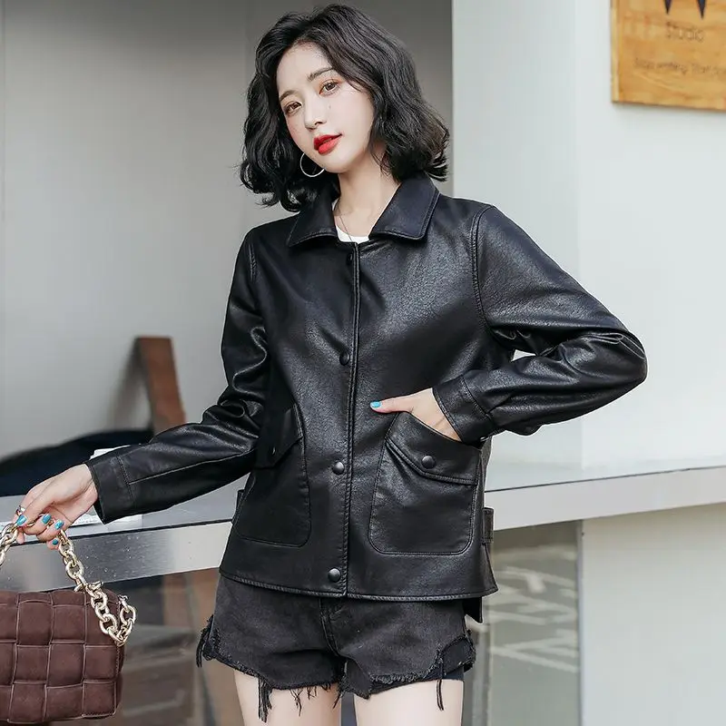 Autumn Winter Short Biker Genuine Leather Jacket Women 2022 New Fashion Solid Loose Sheepskin Coat Famale Clothing Tops Overcoat