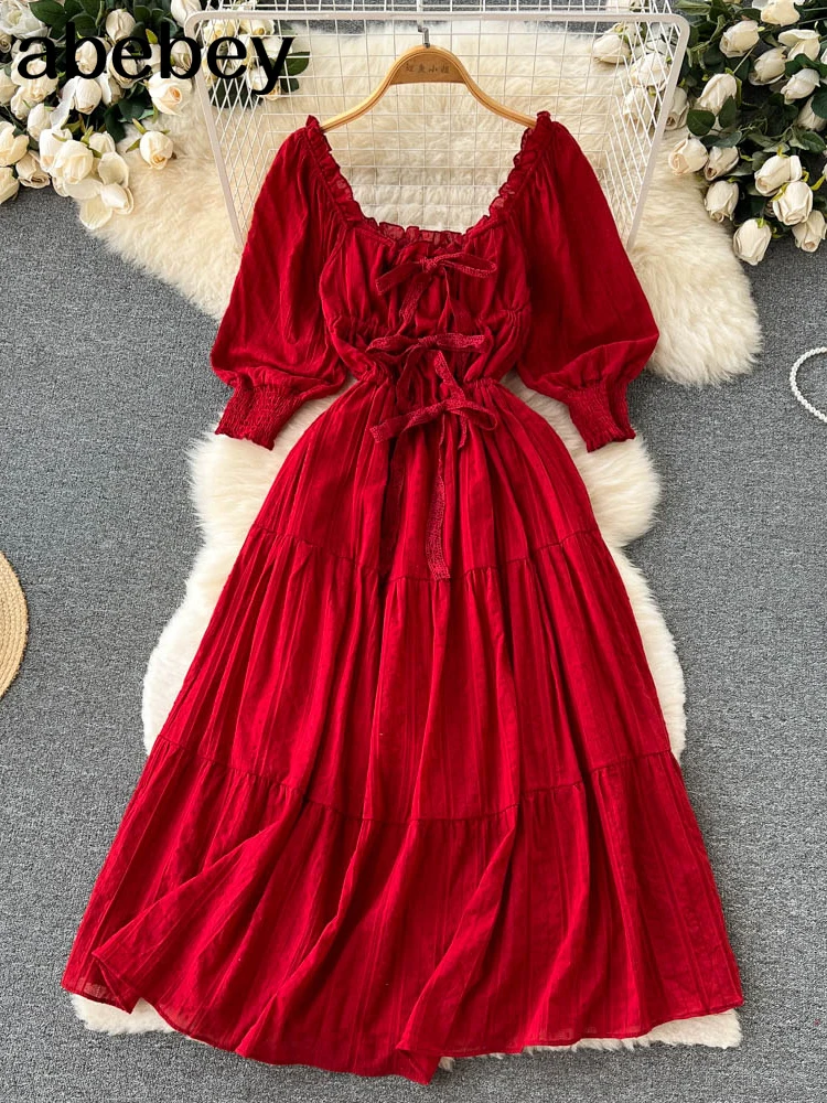 

2022 Red New Women Elegant Embroidered Maxi Long Dress Square Collar Female Dress Solid Hollow Out Loose Casual Party Vestidos