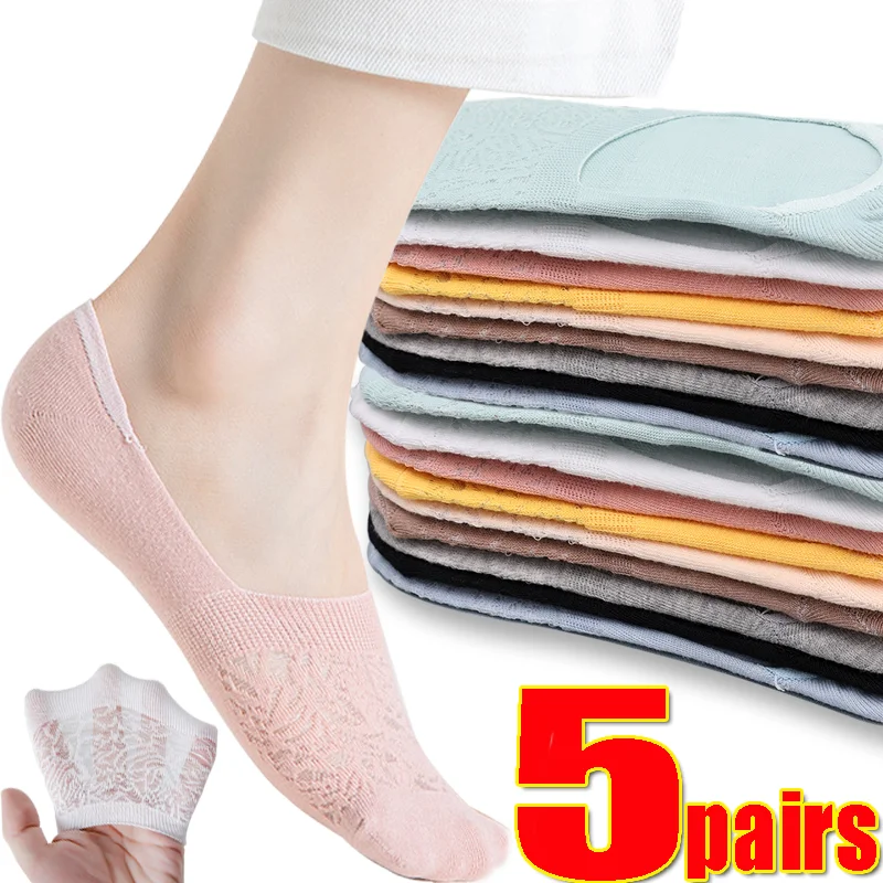 

5pairs Summer Women's Low Tube Invisible Boat Socks Cotton Sock Slippers Lace Fashion Breathable Comfortable Sock One Size Sox