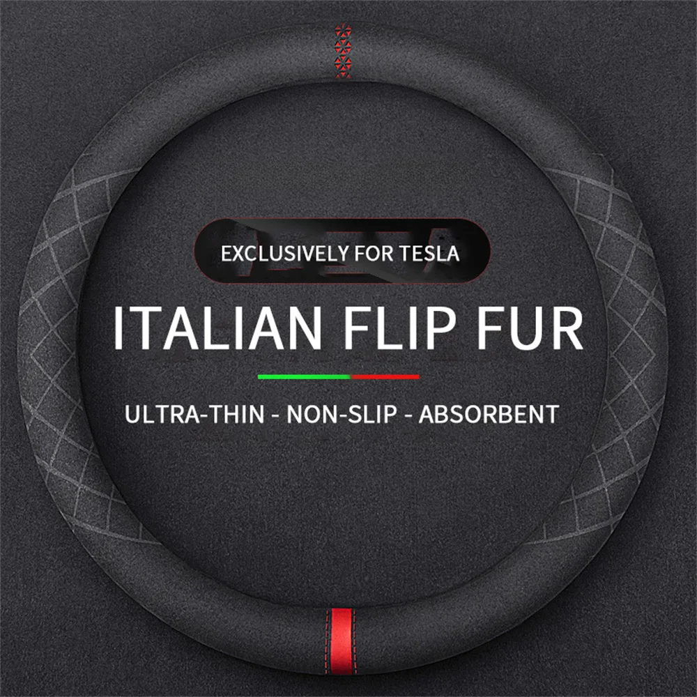 

Car Suede Leather Steering Wheel Cover 38cm Anti-Slip Breathable General-purpose Calibration mark Auto Accessories For Tesla