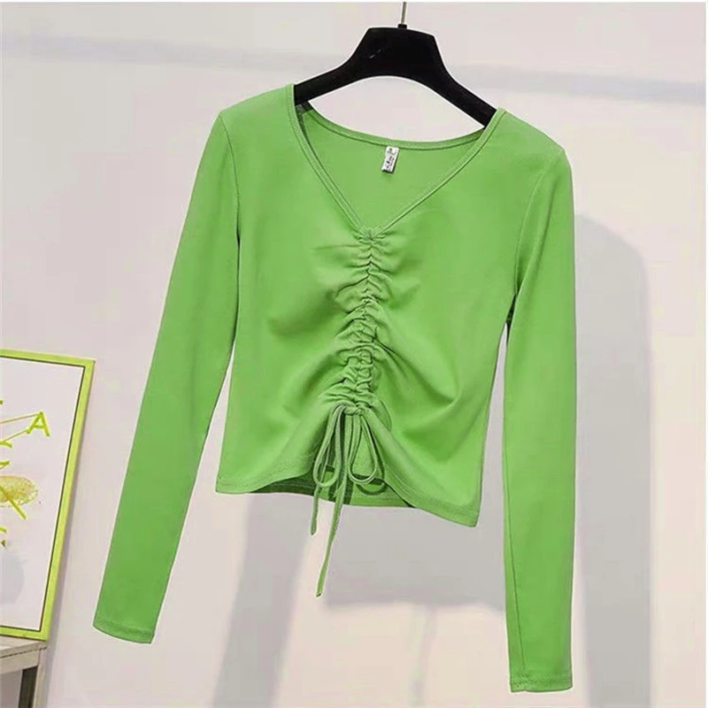 

V-Neck Long Sleeve T-Shirts Spring Autumn Fashion Woman Blouses 2022 One Piece Kawaii Clothes Drawstring Slim Crop Top Wholesale
