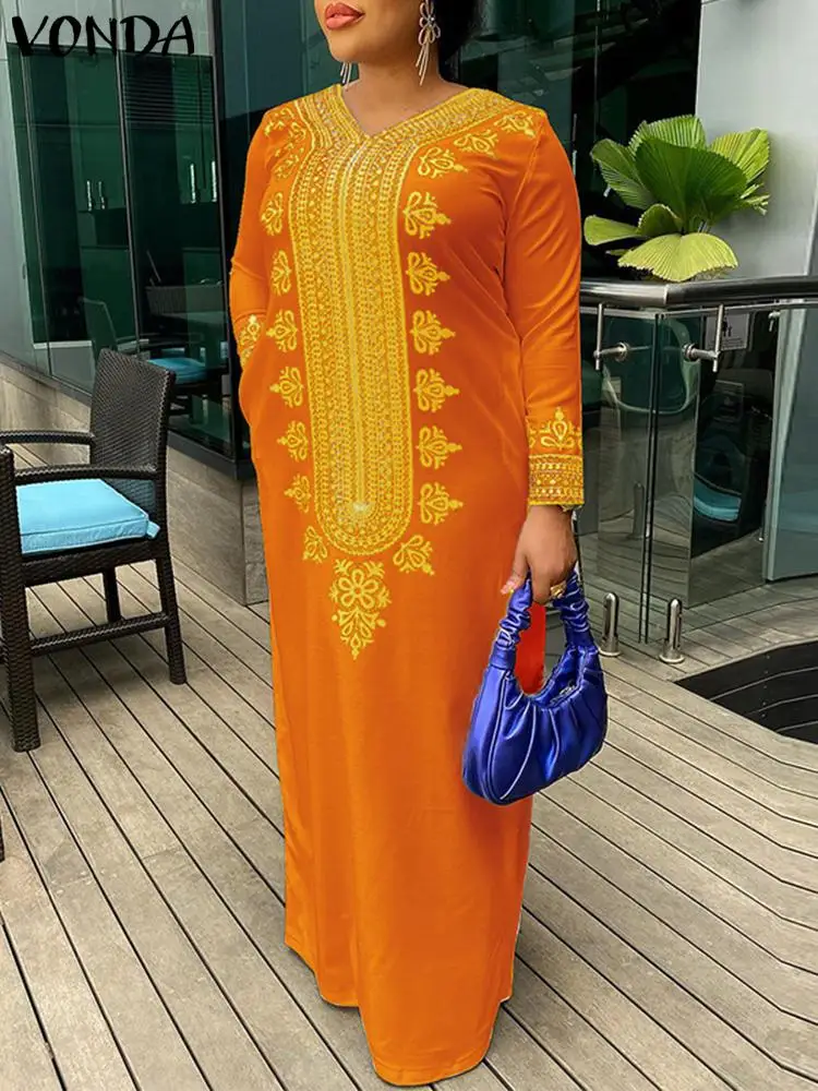 

Vintage Maxi Dress VONDA 2022 Oversized Women Floral Printed Sundress Casual Dress Long Sleeve Robe Long Maxi Polyester Sundress